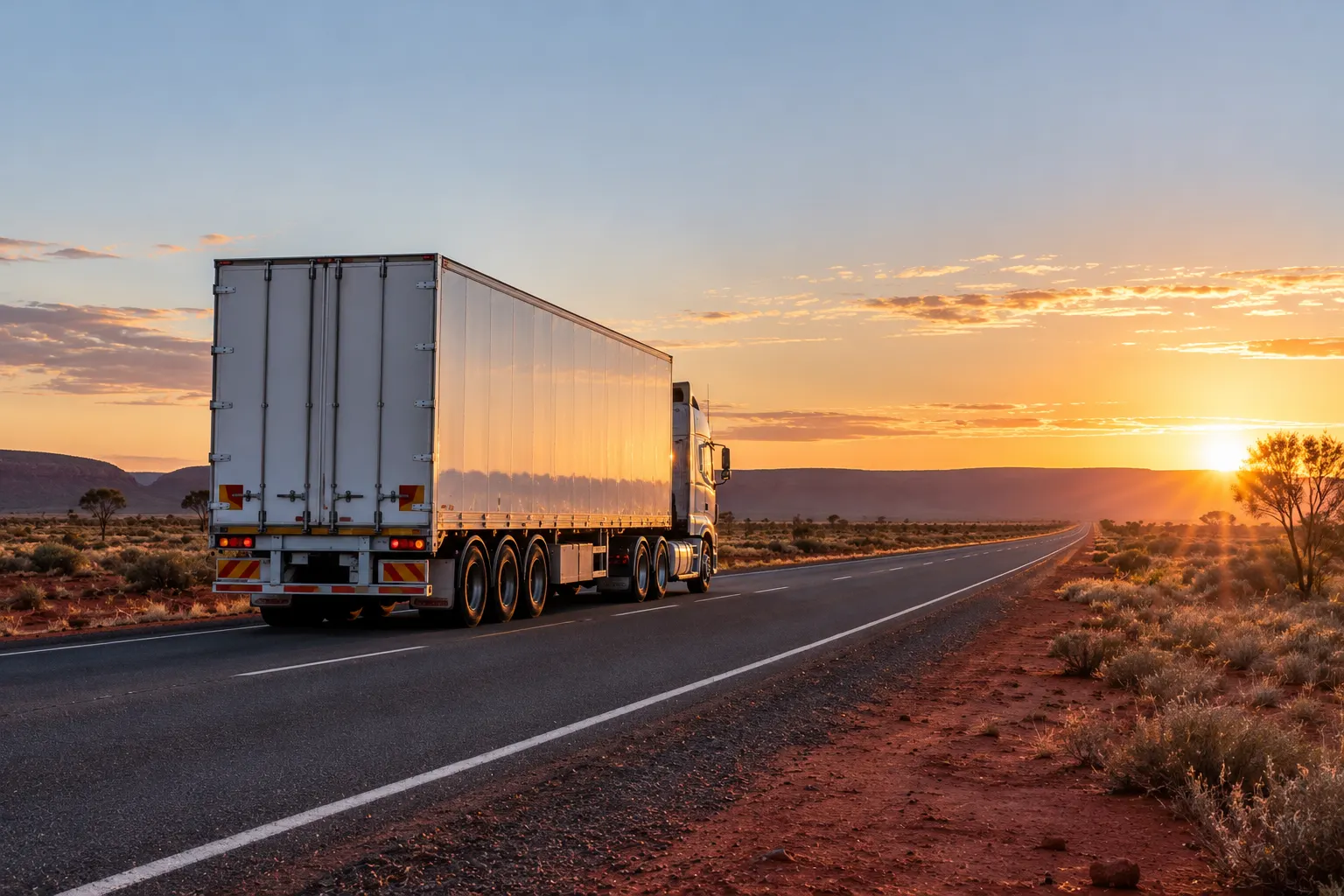 Semi-trailer truck delivering on an outback Australian highway at sunrise