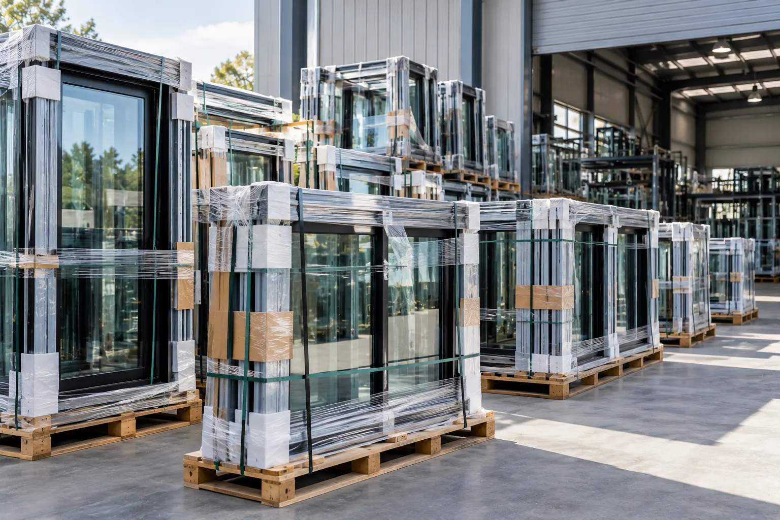 Aluminium windows wrapped and strapped on pallets ready for dispatch