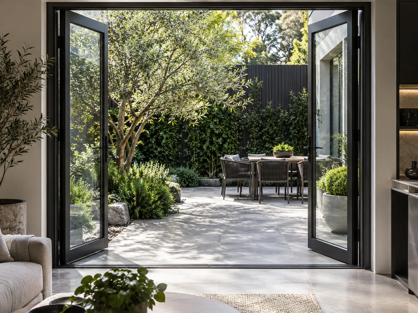 Black aluminium French doors opening from a living room to a courtyard garden
