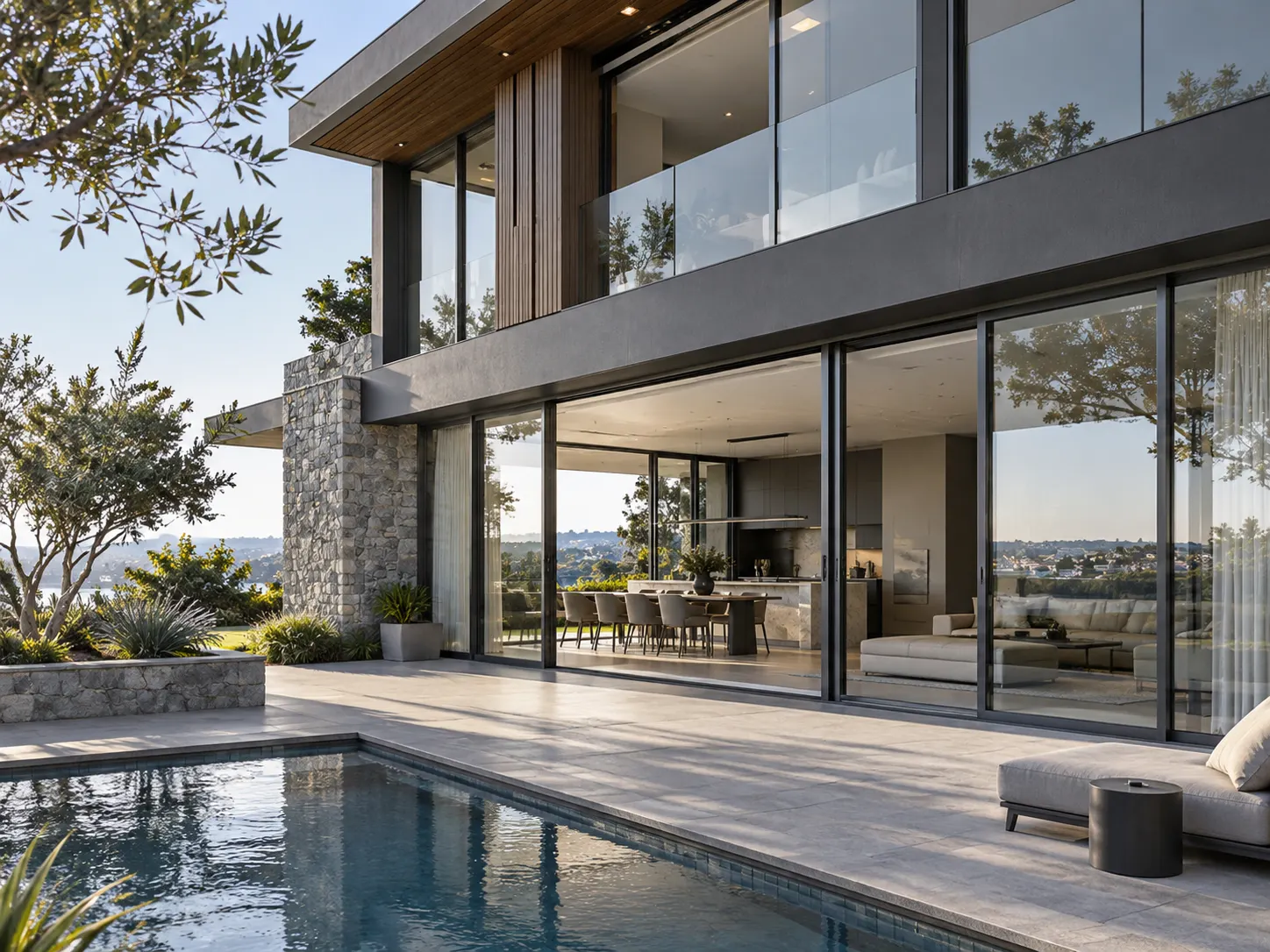 Modern Australian home with large black aluminium sliding doors opening onto a pool terrace