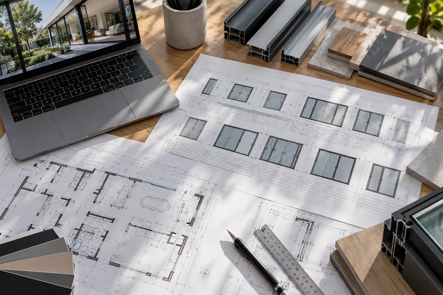 Window schedule, floor plans and aluminium profile samples on a desk