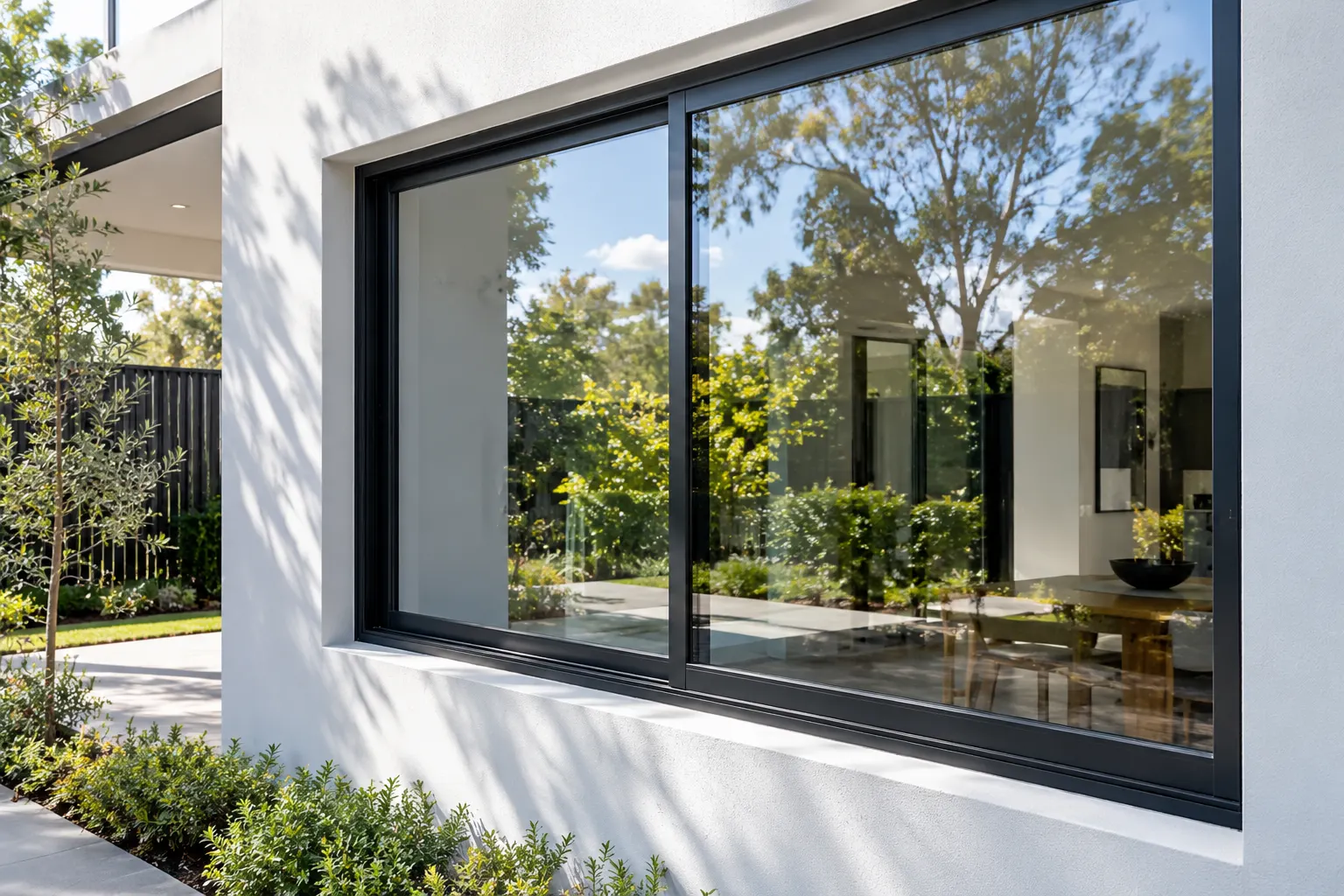 Black aluminium sliding window set into a white rendered wall of a modern home