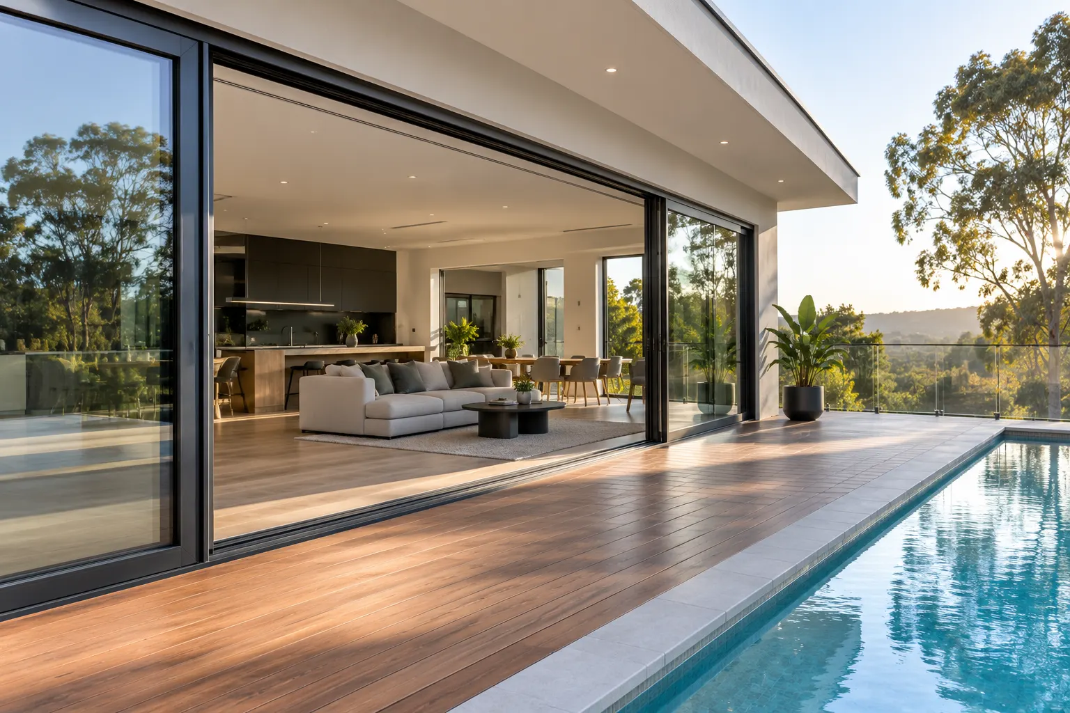 Aluminium stacker doors fully open, connecting a living room to a pool deck