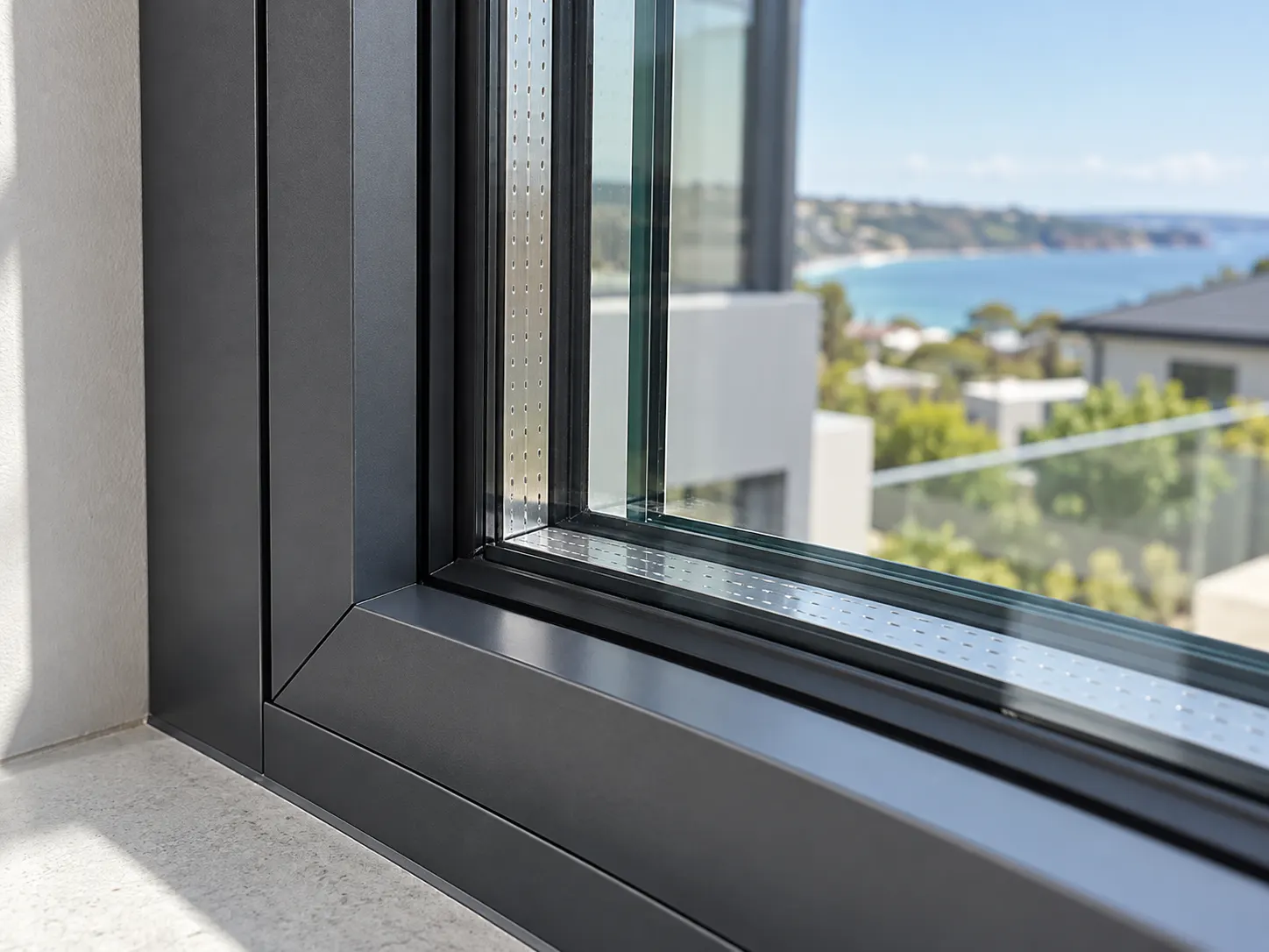 Close-up of a black aluminium window frame with double glazed glass